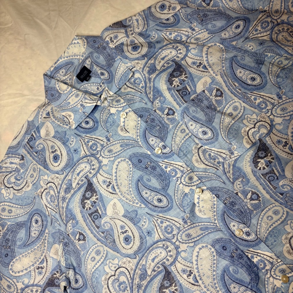 BLUE Saks Fifth Avenue Mens Large 100% Linen Paisley Short Sleeve‎ Button Shirt